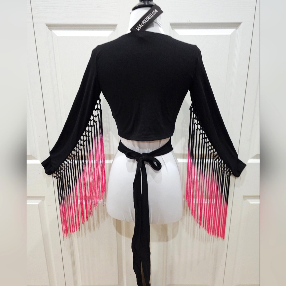 ~SOLD~ Dolls Kill Current Mood Black Pink Whirlwind Romancer Fringe Wrap Top S - Picture 1 of 7